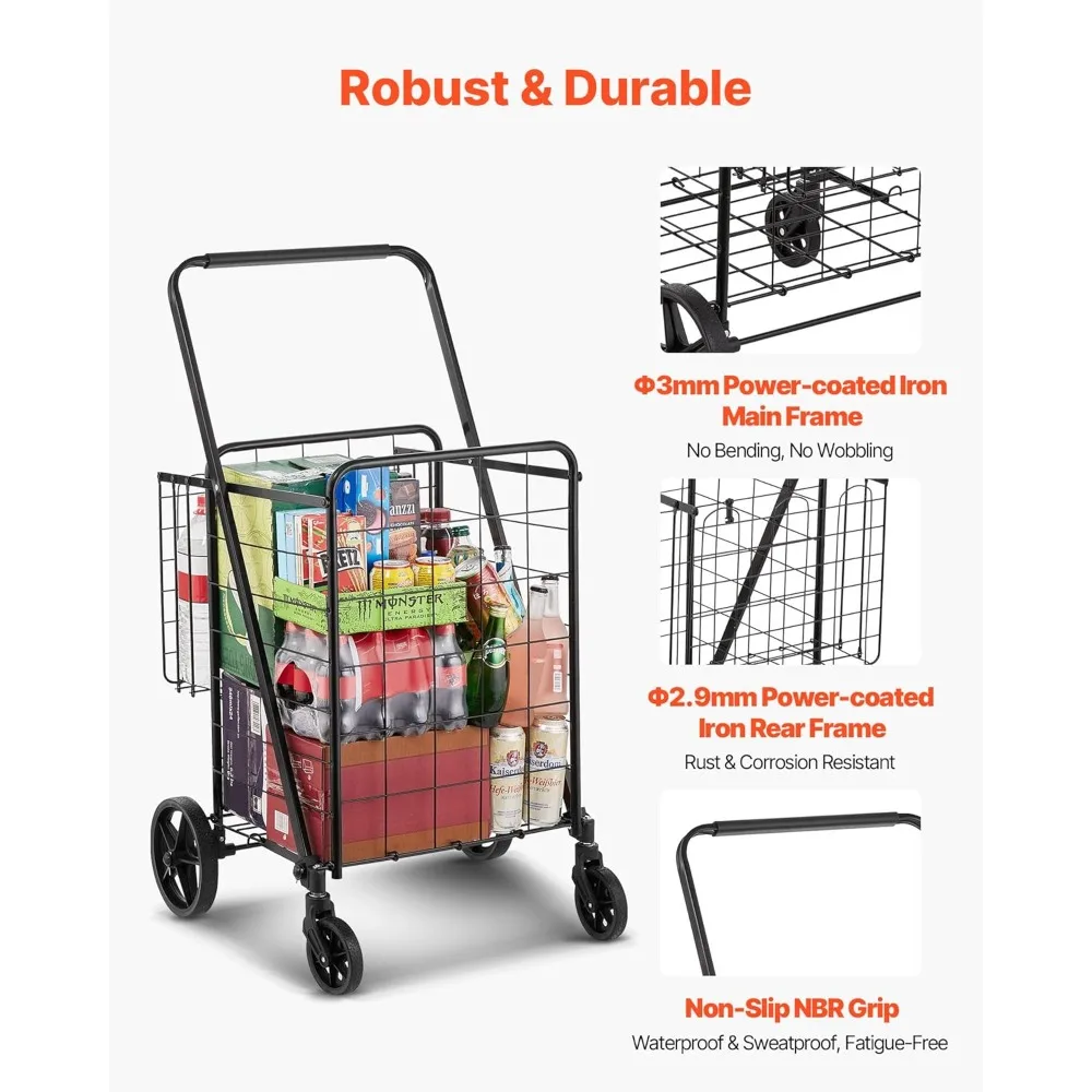 Carro de compras plegable gigante con cestas dobles, 360 °   Ruedas giratorias, capacidad de 110 libras para uso resistente