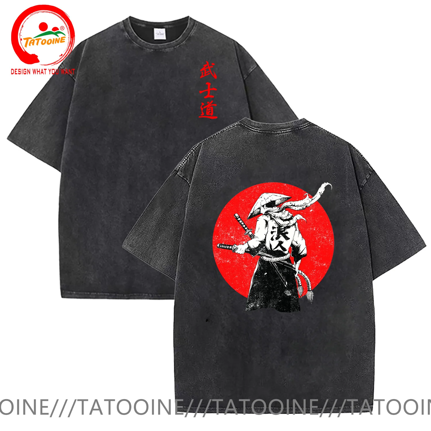 

Vintage Washed Cotton Japanese Bushido Spirit Mens T-shirt Samurai Print Cool Street Hip Hop T Shirt Men Clothing Streetwear Tee