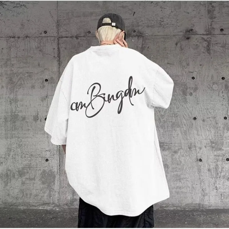 M-8XL Summer Men Oversized T-shirt Korean Casual Loose Style Letter Star Signature Print T-shirt Suitable for Both Men and Women image 3