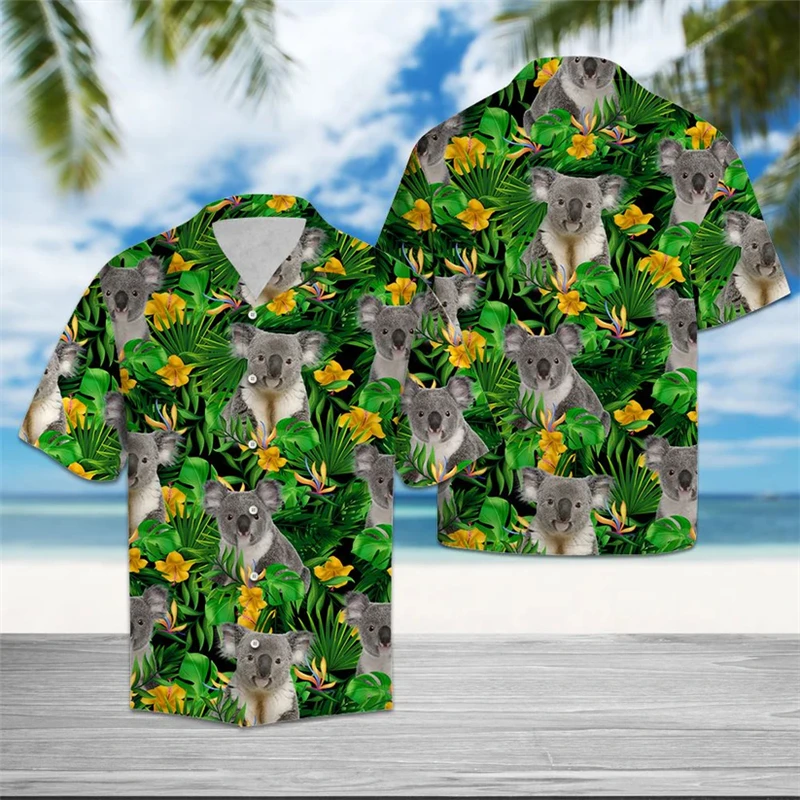 

Cute Koala Pattern Hawaiian Shirts For Men Summer Casual Funny Animal 3D Printed Lapel Shirt Loose Daily Wear Vacation Blouses