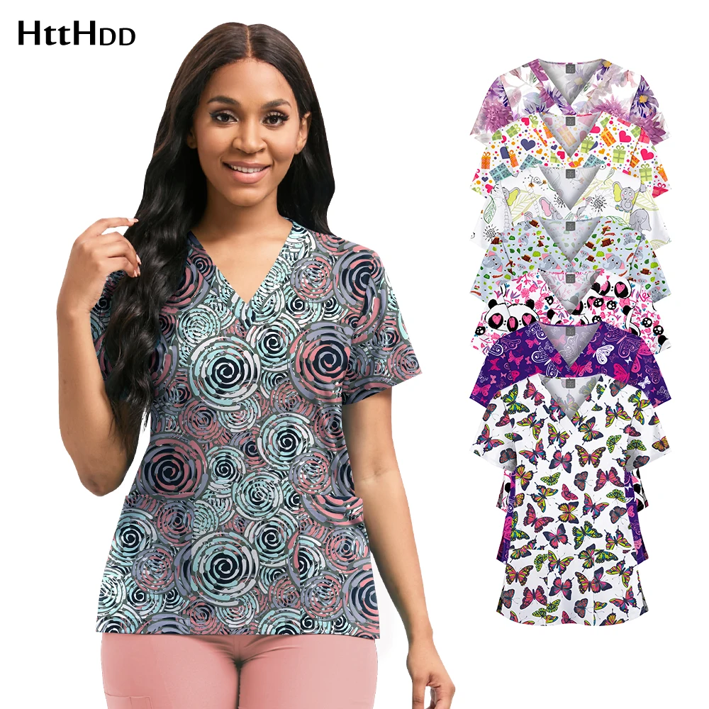 Wholesale Hospital Uniform Scrub Cartoon Printed Scrub Tops Women Men Soft Fabric Nursing Top Uniform Surgical Gown Work Clothes