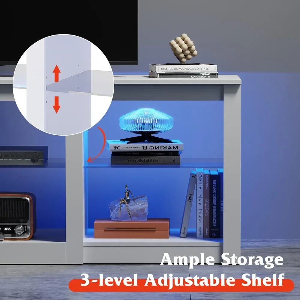 Suporte de TV LED para TV de 65 polegadas, centro de entretenimento de 58 polegadas com prateleiras de vidro ajustáveis, console de mídia moderno para sala de estar