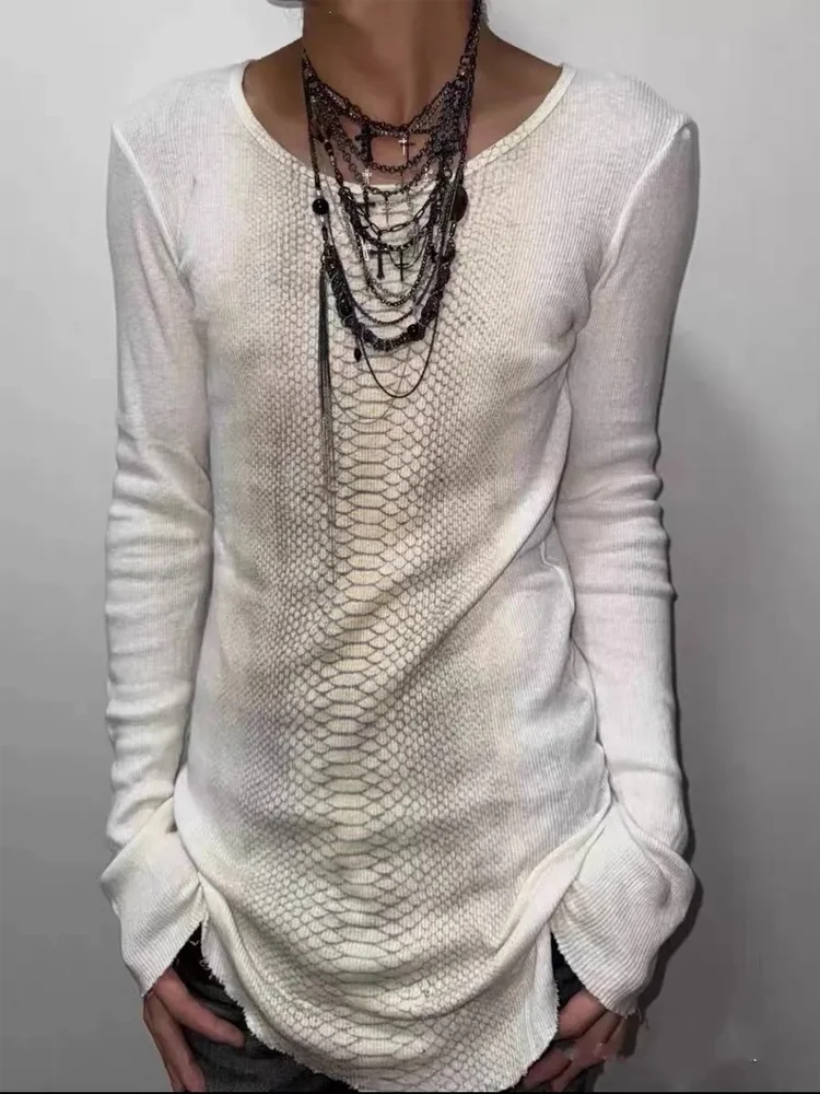 Spring Autumn Men Edgy Street Style Vertical Snake Pattern Print Crew Neck Slim Curved Hem Lightweight Long Sleeve Top