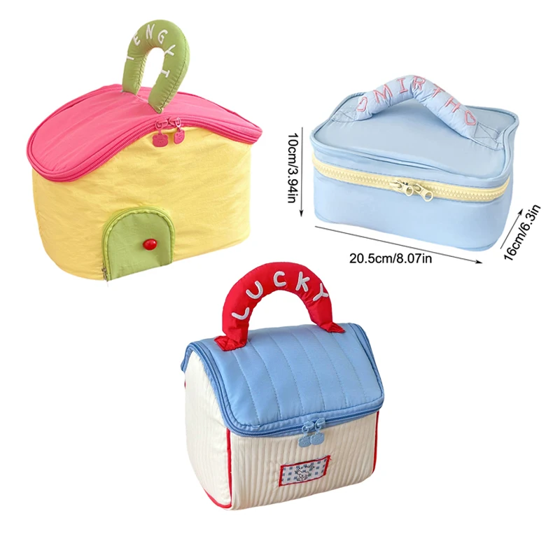 Dopaminfarbblockierende Make-up-Tasche – niedliches Hausdesign, Kulturbeutel-Organizer mit großem Fassungsvermögen, tragbare Reise-Kosmetiktasche