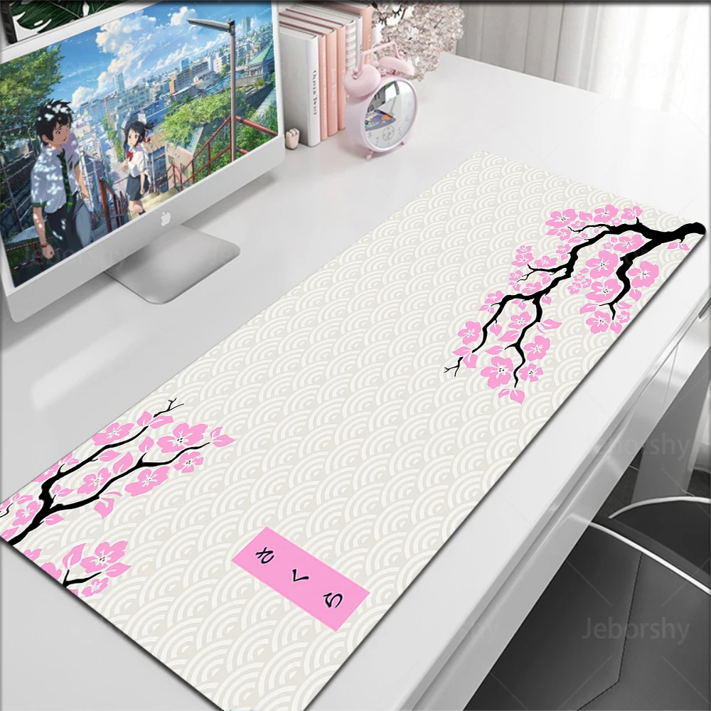 Gaming Mouse Pad, XXL Desk Mat, Anti-slip Base, Stitched Edges, Pink Cherry Blossom Wave Japanese Minimal Print Table Mat