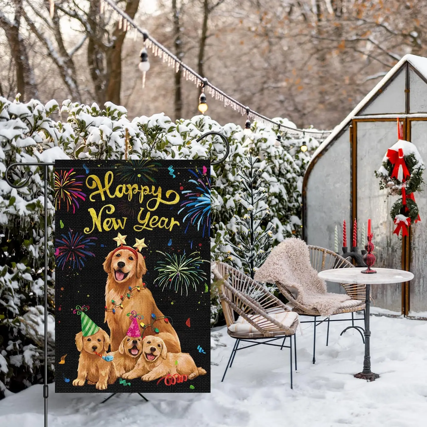 Louise Maelys Happy New Year Dogs Garden Flag 12x18 Double Sided Vertical, Burlap Small Celebration Fireworks Golden Retriever P