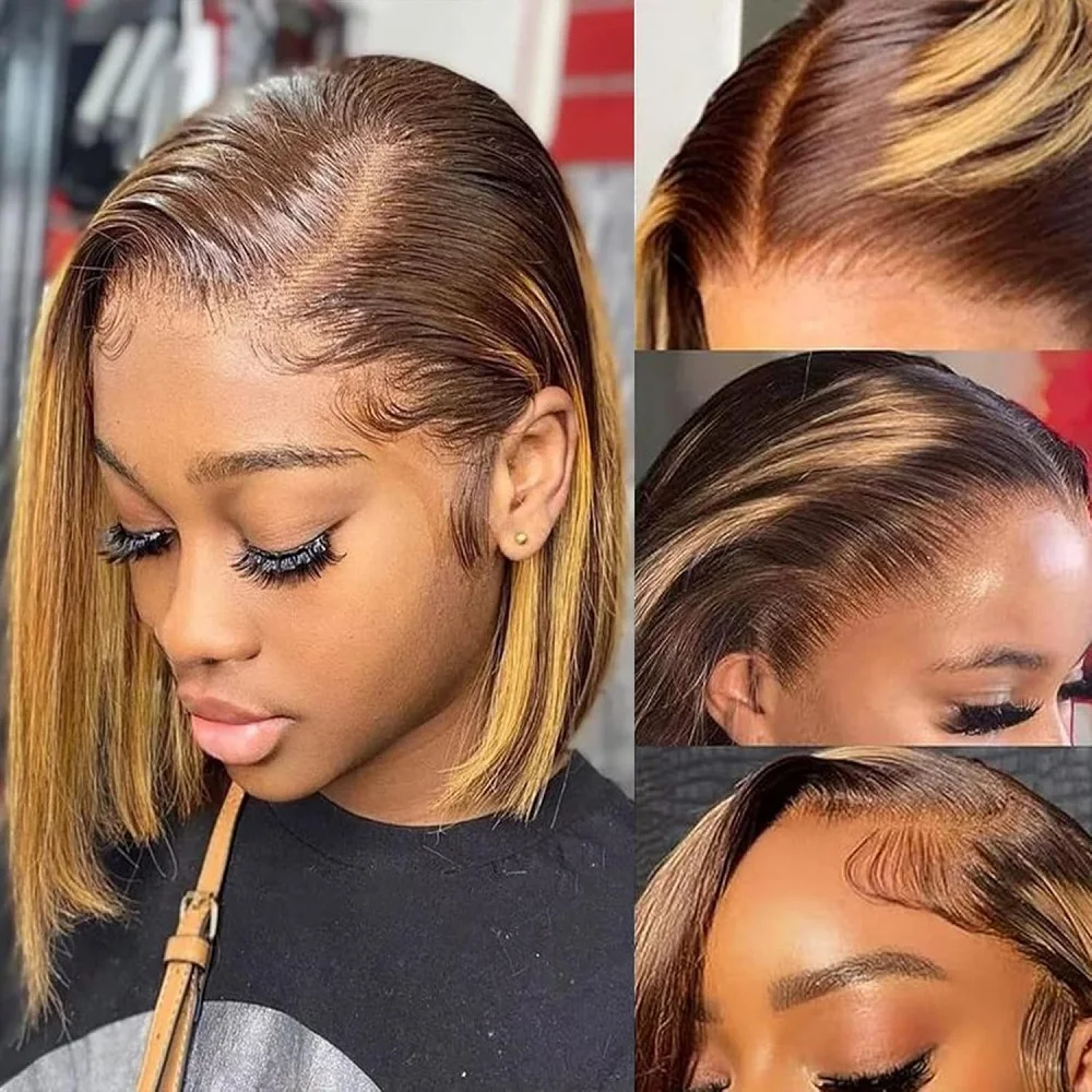 Put On And Go Бесклеевые парики Человеческие волосы Предварительно вырезанный Ombre 4/27 Выделенный короткий парик Боб Человеческие волосы для женщин Плотность 180 6x4 Парик шнурка