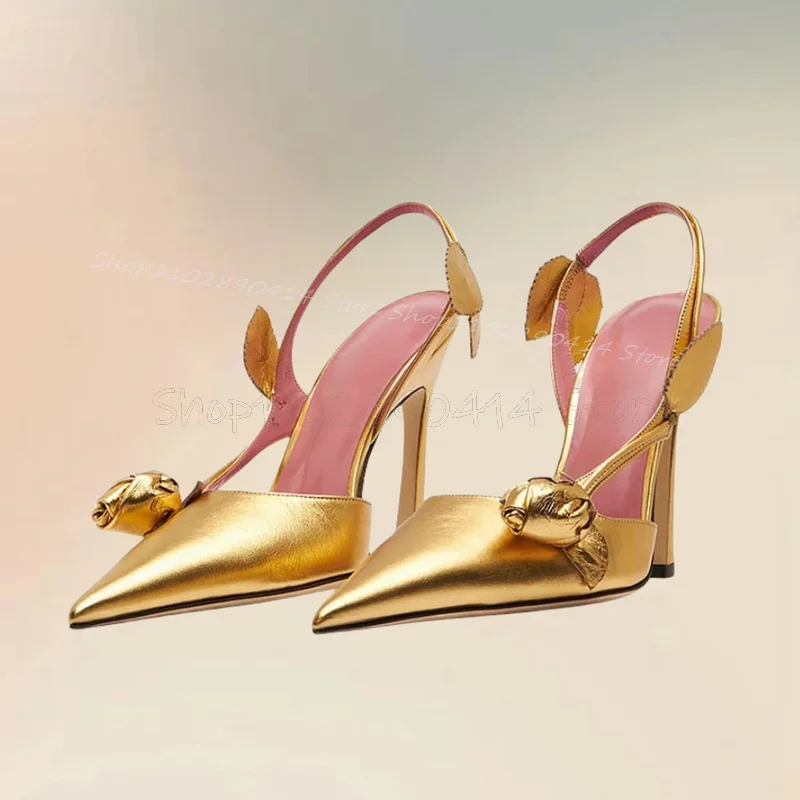 

Gold Flower Foliage Pattern Pointed Toe Pumps Slip On Women Shoes Thin High Heels Fashion Party Banquet 2025 Zapatos Para Mujere