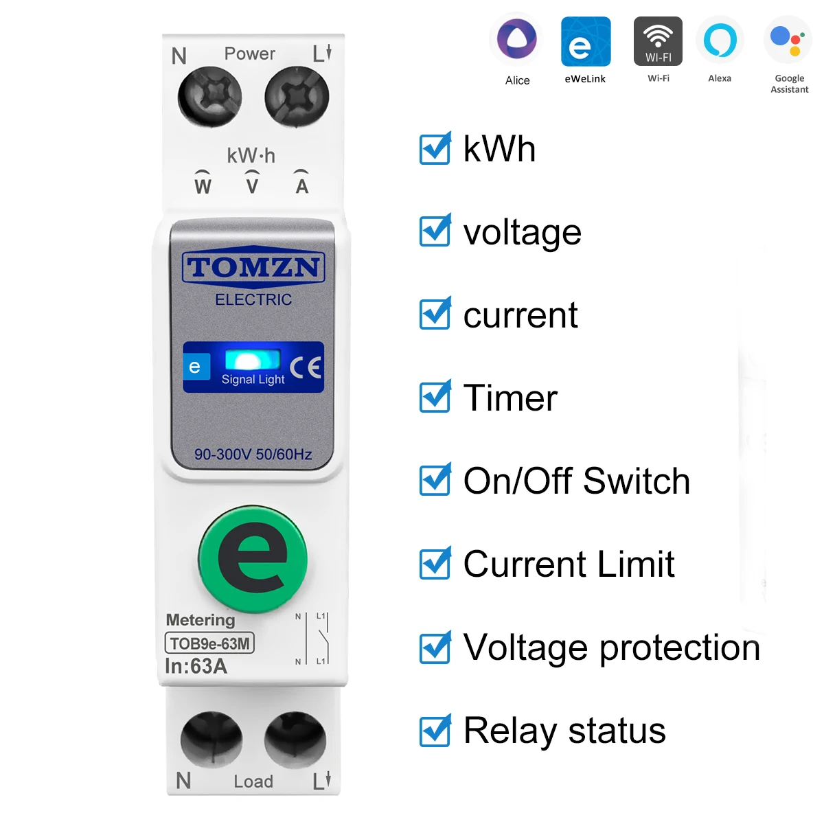 TOMZN TOB9e-63M 2P WiFi Intelligent Energy Meter MCB 110/220V Ewelink Remote Control Timer Relay Smart Power Protector