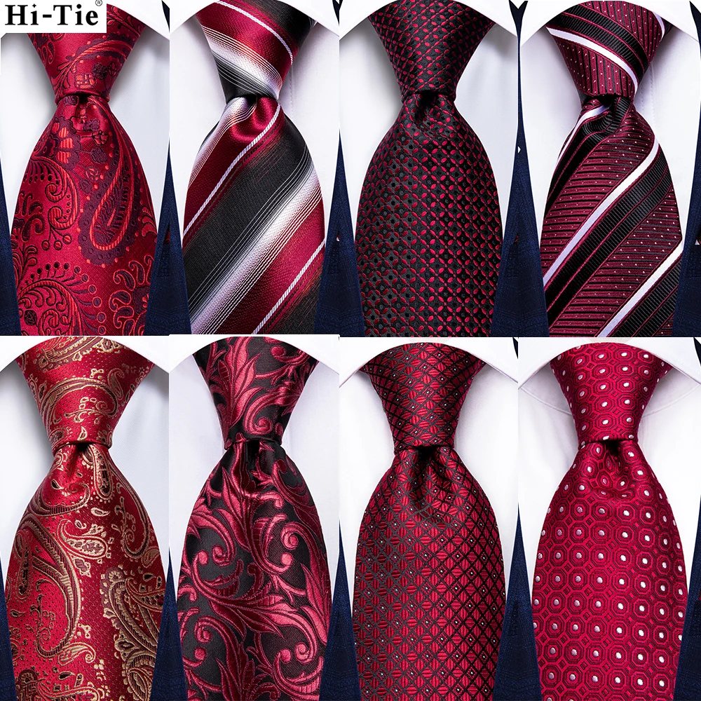 Hi-Tie Burgundy Paisley Striped Silk Wedding Tie For Men New Design Mens Necktie Hanky Cufflinks Set Business Party Dropshipping