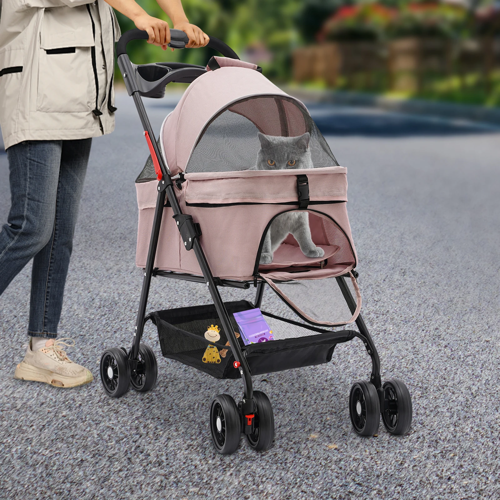 Pink Pet Stroller for Cats/Dogs,Dog Cat Stroller for Up to 30lbs Small Medium Dogs Cats Foldable Puppy Stroller with Storage