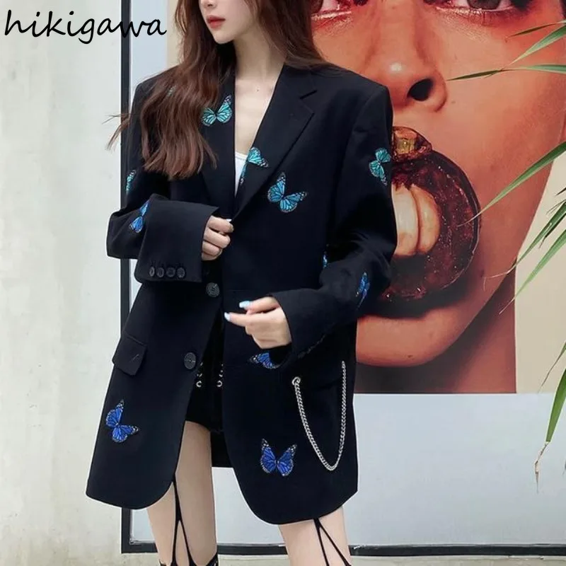 Streetwear Jackets Harajuku Fashion Black Blazer 2024 Ropa Mujer Oversized Tops Casual Chain Butterfly Embroidery Coat Women