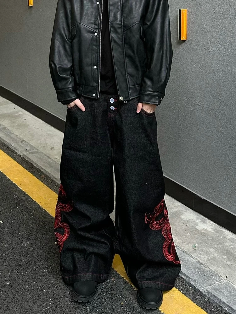 

Retro American Baggy Heavy Embroidery Multi-Button Loose Wide Leg Jeans Men's Loose Fit Long Pants Youthful Casual Sle