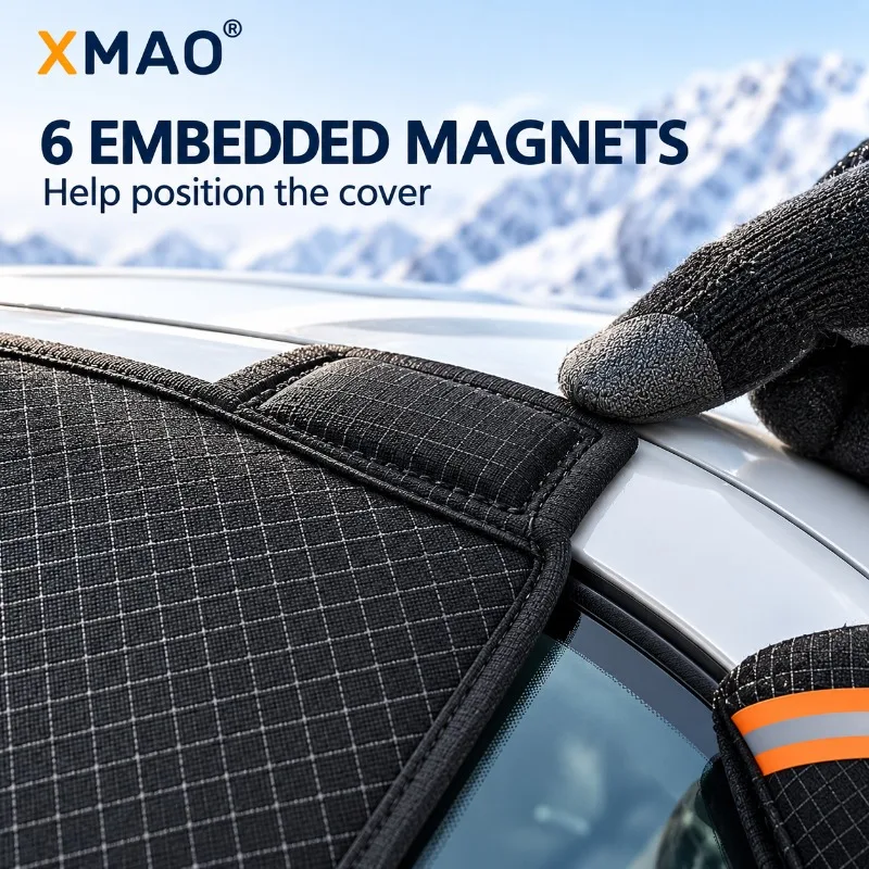 XMAO Three Window Car Snow Cover, Oxford Fabric Windshield Frost Protector with Attached Mirror Covers and Reflective Strips