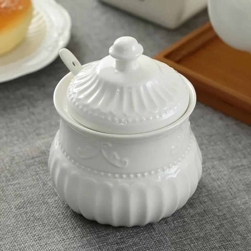 European Palace Embossed Leaf Pattern White Ceramic Coffee Teapot Restaurant Household Bone China Coffee Pot Cup Toffee Jar