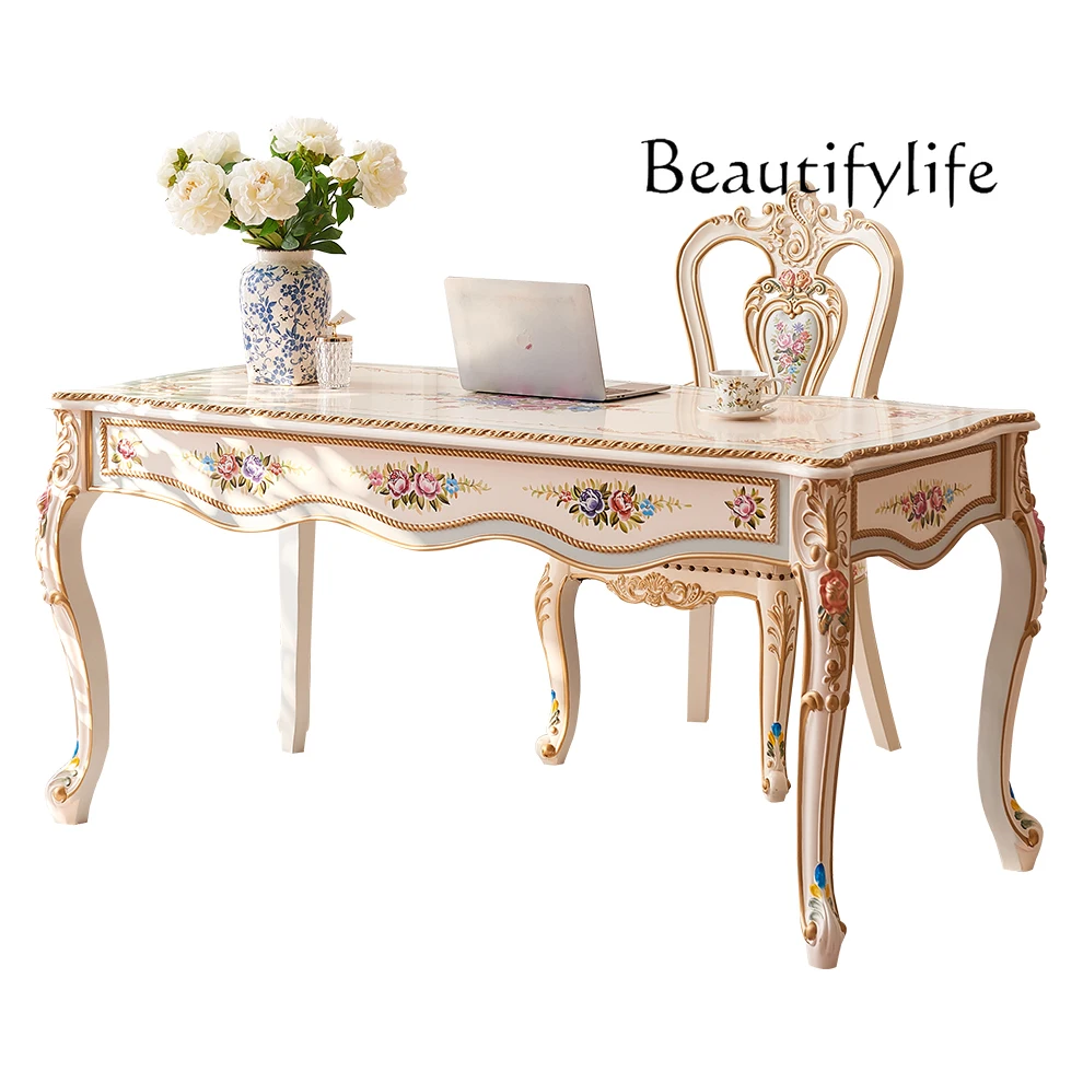

French court study furniture solid wood hand-painted desk desk chair European luxury office computer desk