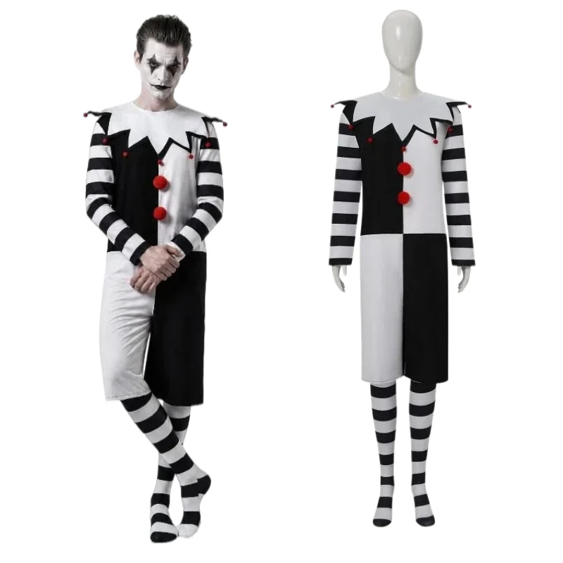 Clown Cosplay Costume Black Striped Jumpsuit with Collar Socks Full Set Circus Performance Outfits for Men Halloween Party