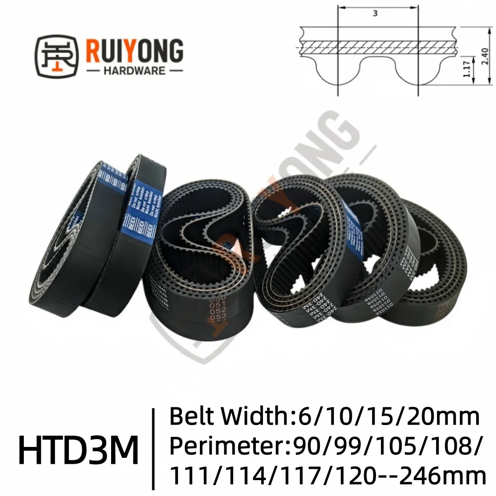 High Torque HTD3M Timing Belt Pitch 3mm Width 6/10/15/20mm  Perimeter 90-246mm Closed Rubber Drive Belts 3D printed parts