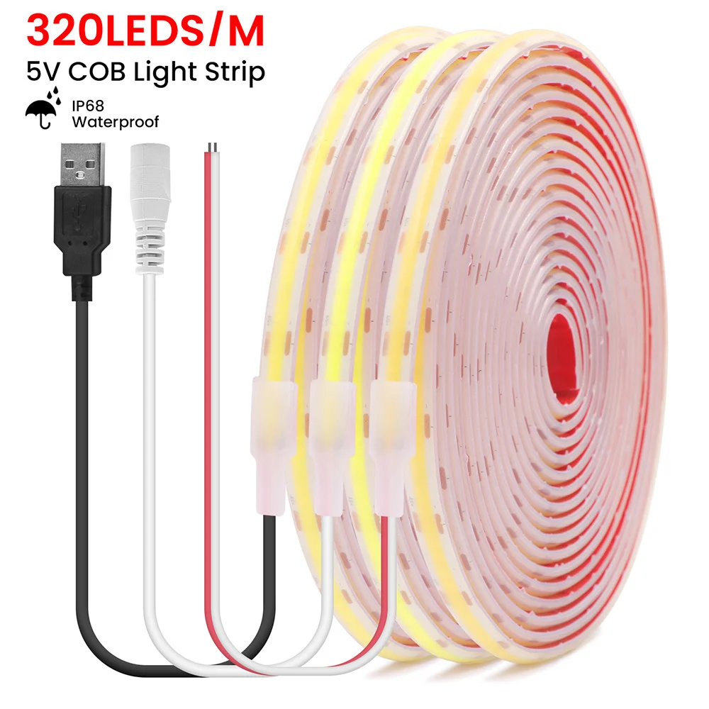 IP68 Waterproof COB LED Strip Light 5V 12V 24V USB 2pin Wire Powered Flex Silicone with Adhesive RA90 1m 2m 5m 0.5m 3000K White