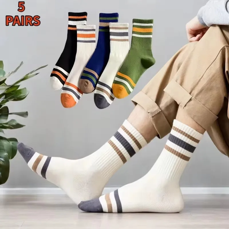5 Pairs Men Striped Mid Tube Socks Fashionable Color Blocking Soft Comfortable Sweat Absorbing Breathable and Casual Socks﻿