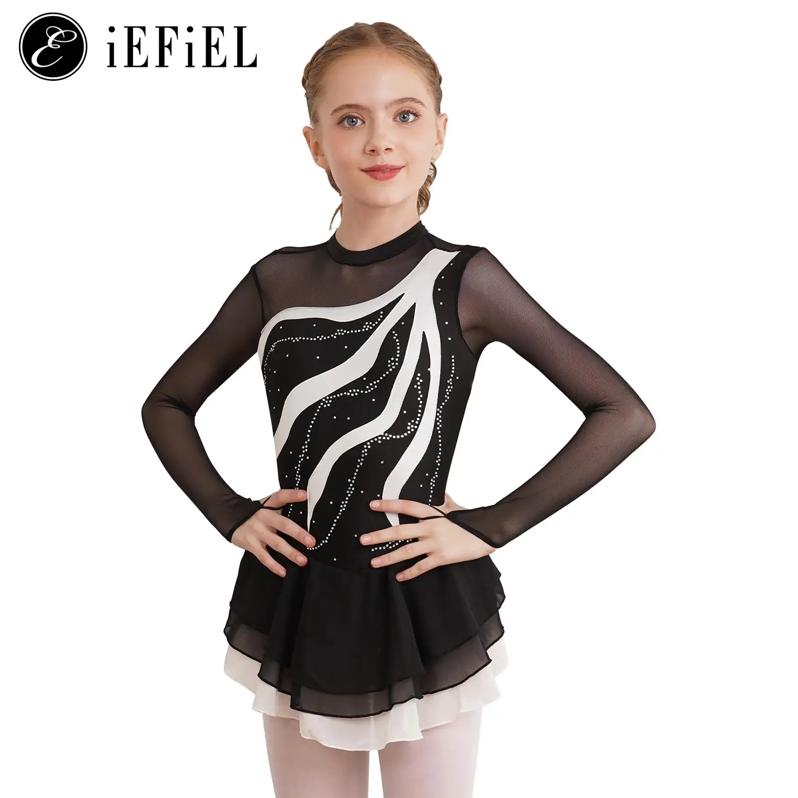 Girls Figure Ice Skating Dress Shiny Dimonds Long Sleeve Keyhole Back Ballet Leotard Tutu Dance Dress Lyrical Dancewear