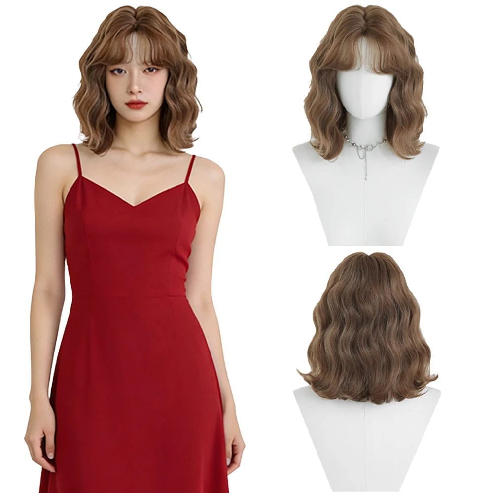 Natural Milk Tea Brown Bob Wavy Wig with French Bangs 35cm Soft Heat Resistant Synthetic Curly Wig For Women Daily Party Cosplay