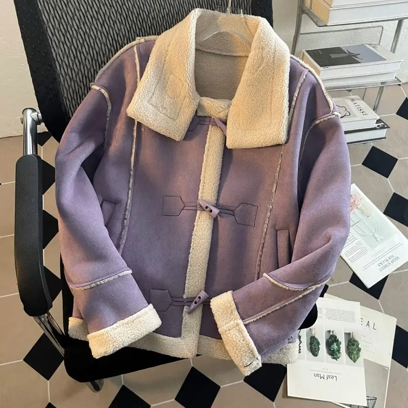 

Purple suede fur one-piece lamb fur short coat for women's autumn and winter new thick motorcycle suit wool coat