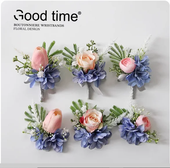 Pink and blue corsage wrist flower bride and groom lapel flower sisters hand flower tulip rose wedding ceremony photography