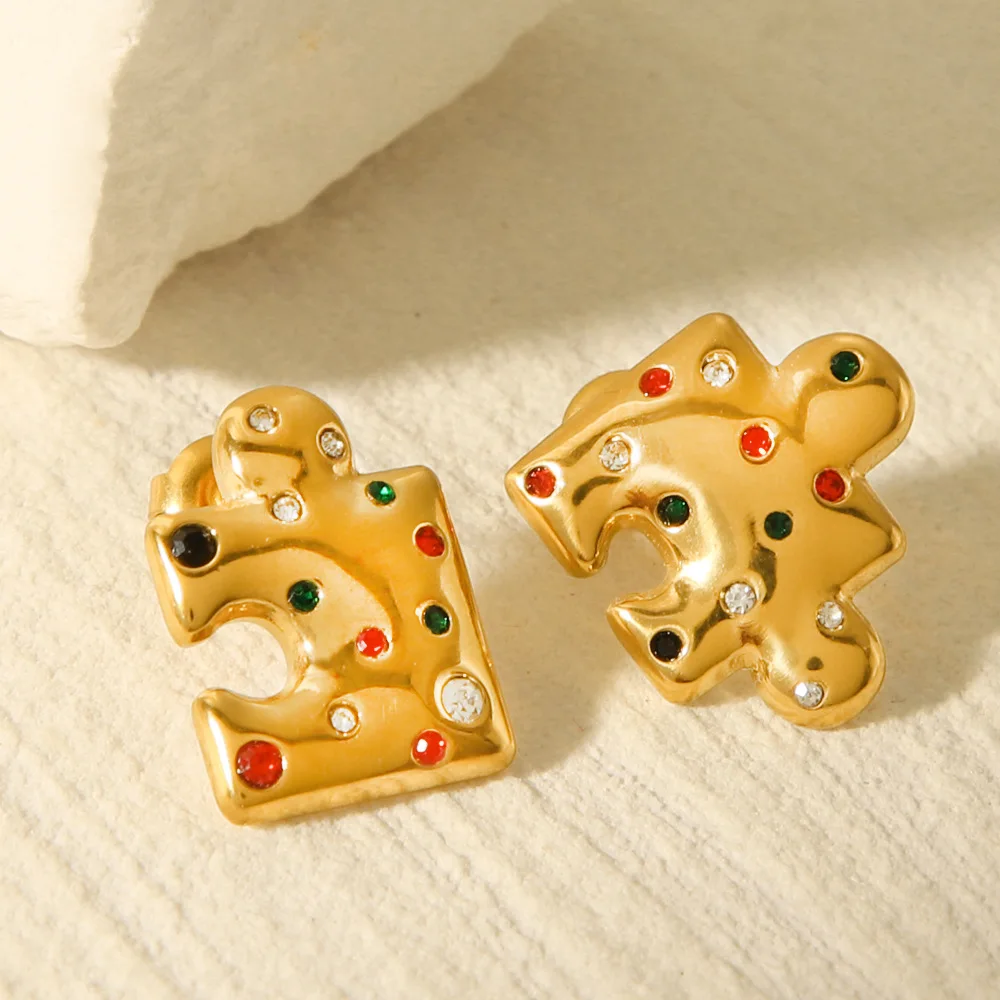 18k Gold Plated Stainless Steel Earrings Puzzle Inlaid Diamond Earrings Women's Titanium Steel Ear Jewelry