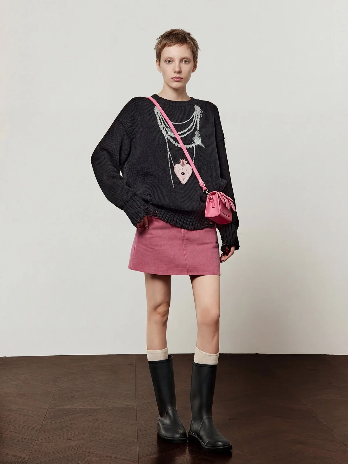 

Bla Printed round Ne Sweater Women's Loose Fit Knitted Top with Gem Nelace Spring 2026 New Arrival Casual Chic Sle