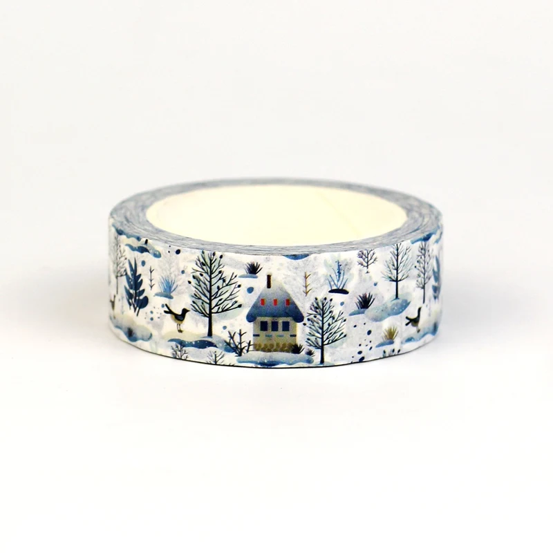 1X Winter Village Washi Tape Snowy House Bare Tree Bird Blue‑White Decor Masking Tape for Journal Scrapbook Wrap Stationery