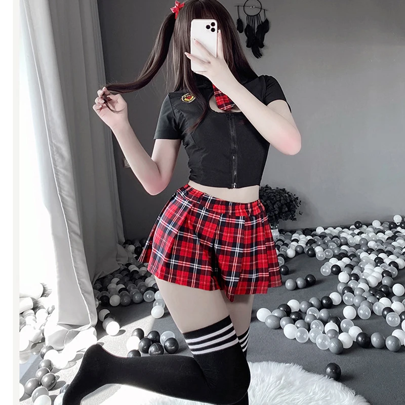 Sexy JK Cosplay Tartan Japanese Schoolgirl Porn Uniform Lingerie Set Embroidery Pleated Role Playing Costume With Plaid Skirt