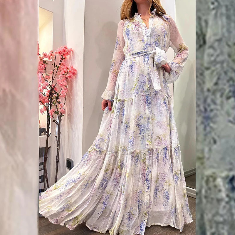 Women Fashion Floral Printed Chiffon Dress Sexy V-neck Long Sleeve Waist Party Dress Elegant Single-breasted Lace-up Long Dress