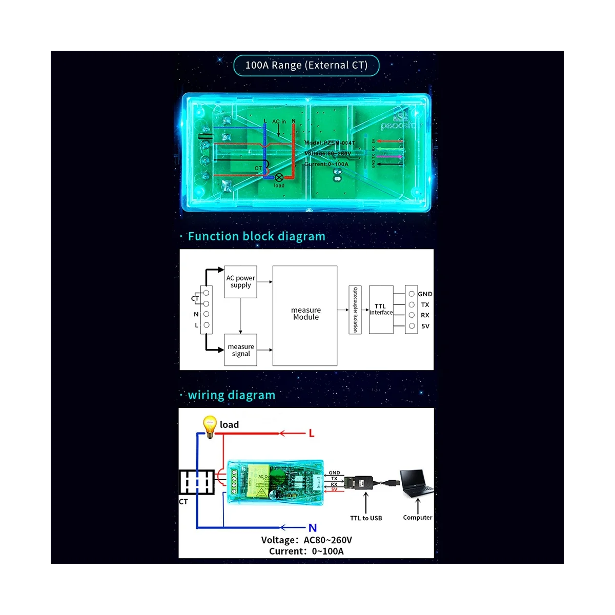 

100A PZEM 004T 3.0 Wattmeter with Case+Open CT Kwh Meter Volt Amp Current Test Module for Arduino TTL COM2/COM3/COM4
