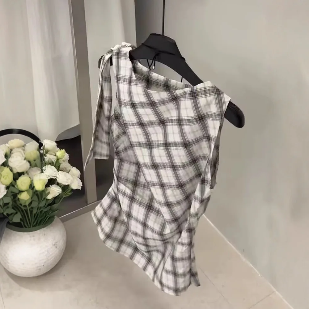 2026 New Spring and Summer Color Matching Elegant Bow Pleated Retro Plaid Sleeveless Shirt Women's Waist Vest Small Shirt Top