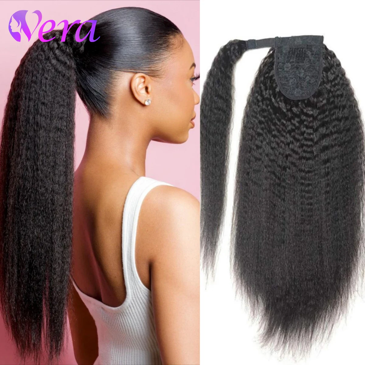 Kinky Straight Ponytail Human Hair Extension Wrap Around Ponytail Long Ponytail Clip In Hairpiece #1b Natural Black For Women