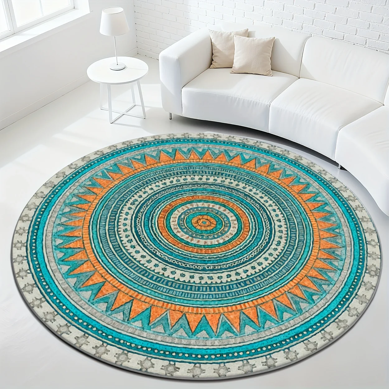 Modern blue chevron round floor rug 2D printed zigzag geometric pattern entry mat for coffee shop restaurant