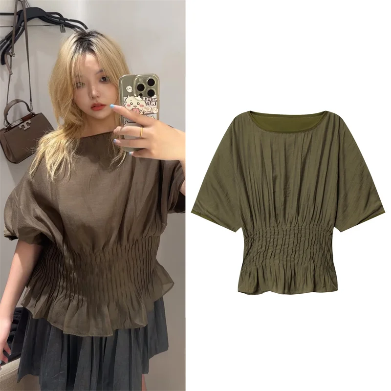 

Women's Top New Style for Autumn 2025 Green Short-sleeve Spliced Pleated Decorative Waist-cinching Shirt Loose and Simple