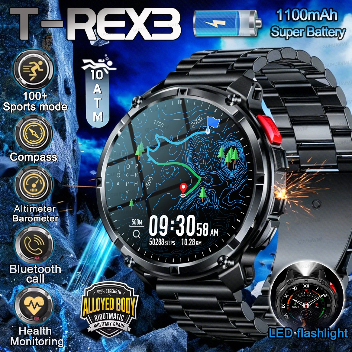 

2026 New 1100 Ultra Strong Battery Life SmartWatch Men Military Compass Heart Rate 10ATM Waterproof Bluetooth HD Call Smartwatch