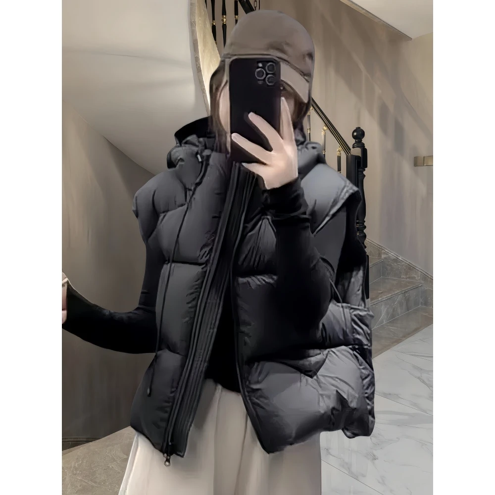 เสื้อกั๊กพัฟเฟอร์แบบสบายๆ สำหรับผู้หญิง บุขนเป็ด มีฮู้ด ปิดด้วยซิป เสื้อโค้ทแฟชั่นสำหรับฤดูหนาว