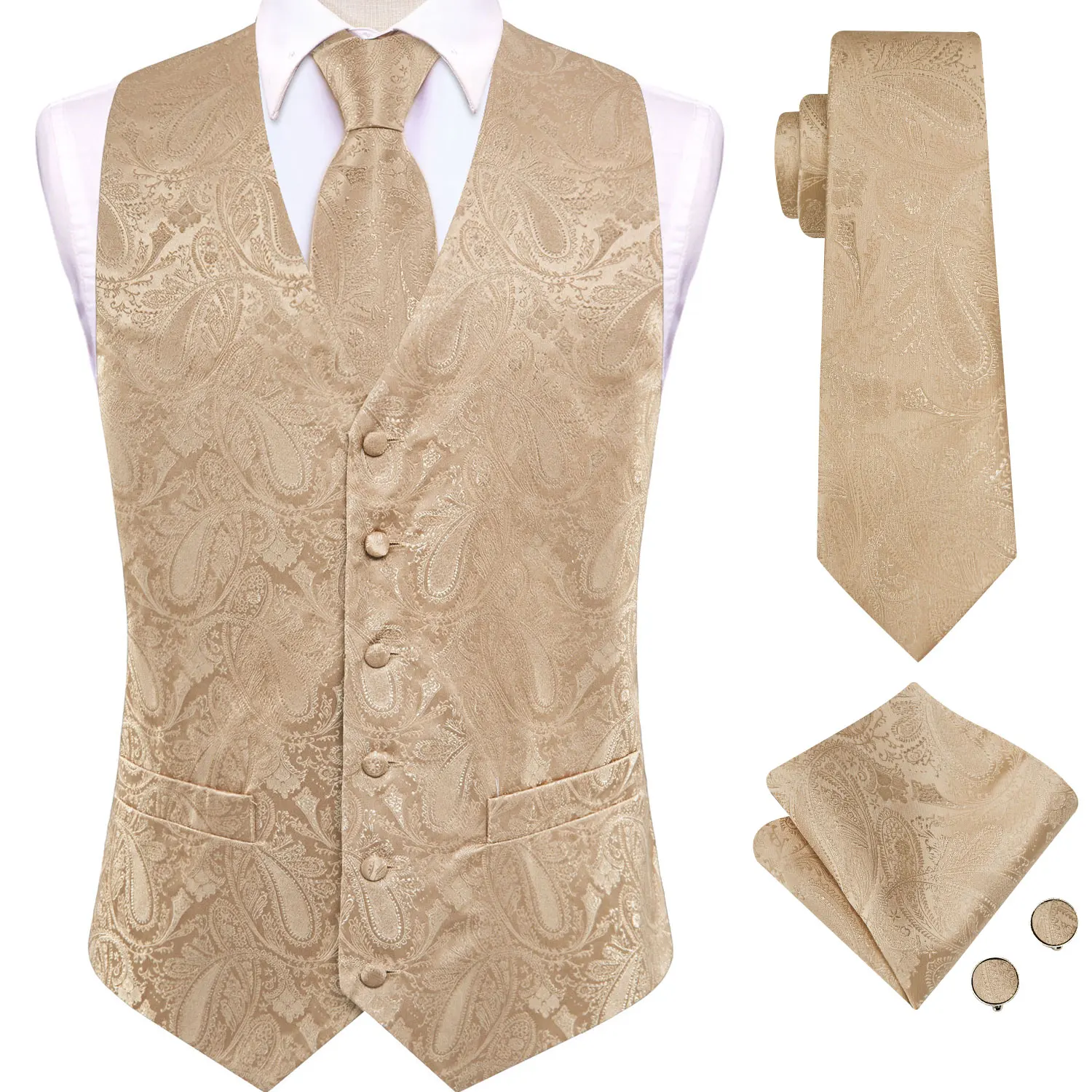 Champagne Paisley Subtle Pattern V-Neck Vest 4Pcs Outfit Tie Pocket Square Cufflinks For Wedding Formal Ball
