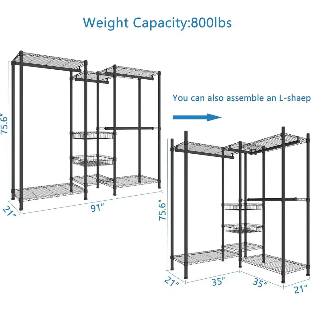 Sturdy Wire Clothes Rack with Adjustable Shelves & 2 Fixed Baskets, 60.7L x 15.7W x 70.5H, Max 720LBS Load Capacity, Black