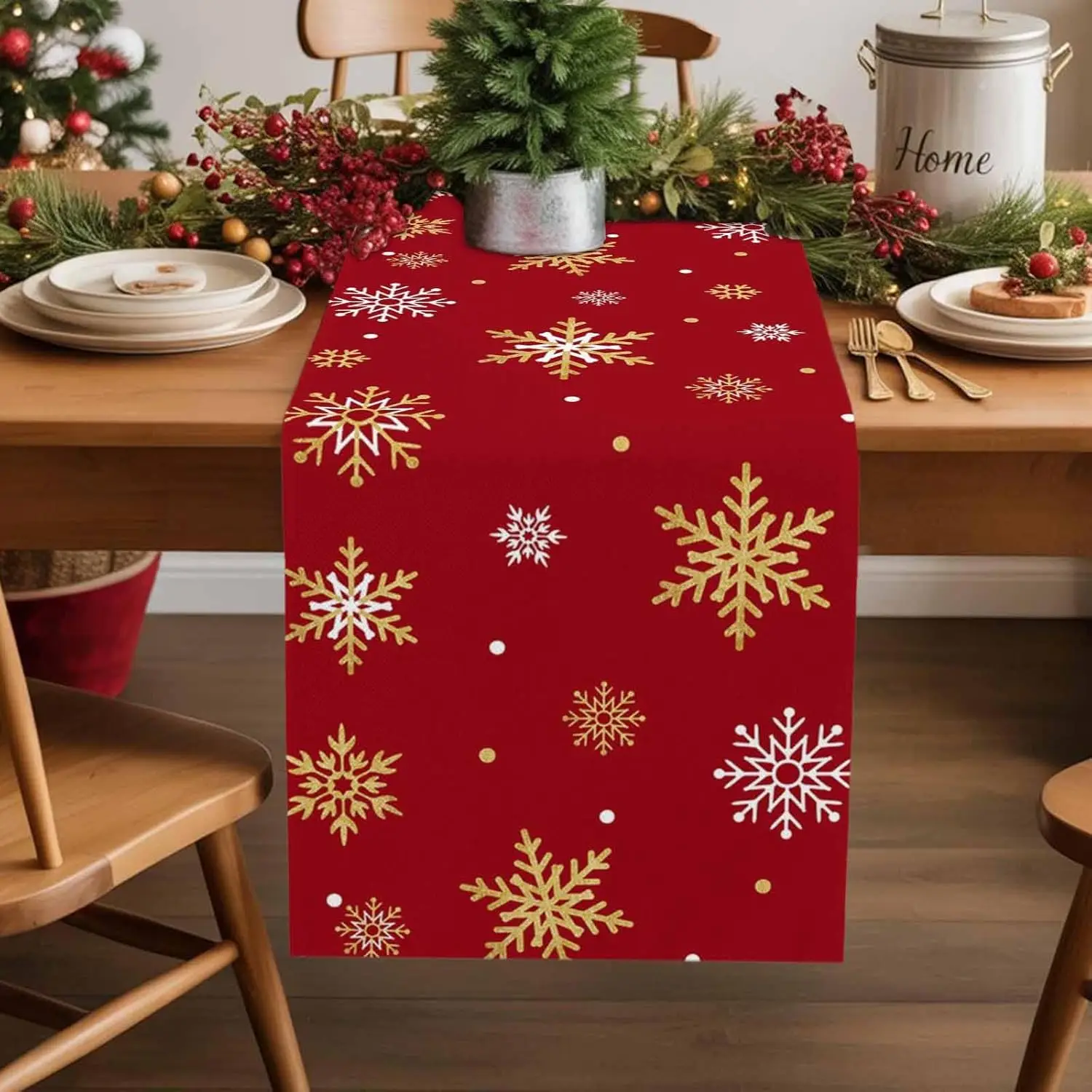 Christmas Golden Snowflake Linen Table Runner Party Decor Winter Xmas Holiday Kitchen Dining Table Runner Christmas Decorations