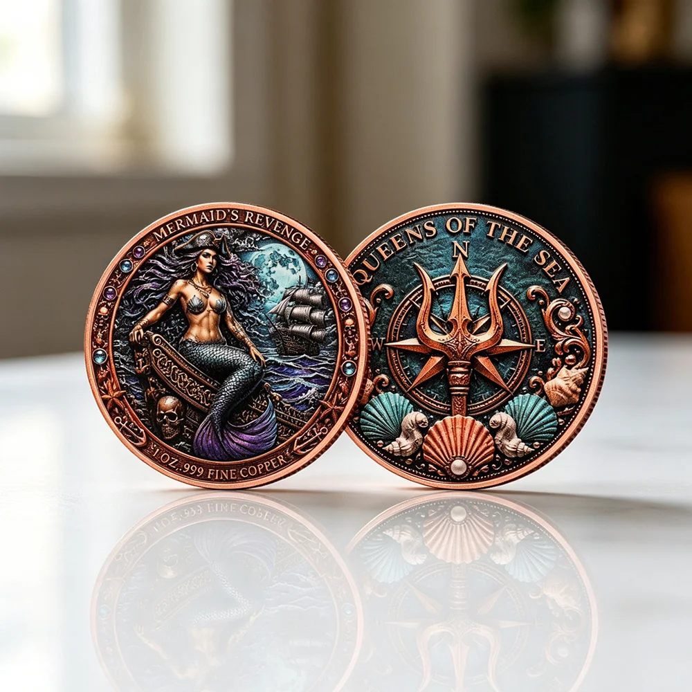 Mermaid Pirate & Trident Compass 1 Oz Fine Copper Coin Queens of The Sea Mermaid Pure Copper Coin Collection Souvenir Coins