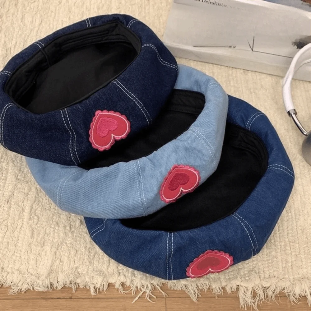 

Casual Denim Berets Hat Heart Cherry Artist Berets Sweet Adjustable Painter Cap Spring Autumn