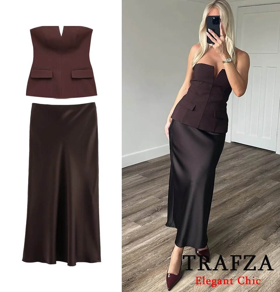 TRAFZA-Women Elegant Chocolate Skirt Set Tube Top + Elastic Waist Satin Hip Skirt New 2025 Spring Summer Slim Mocha Mousse Set