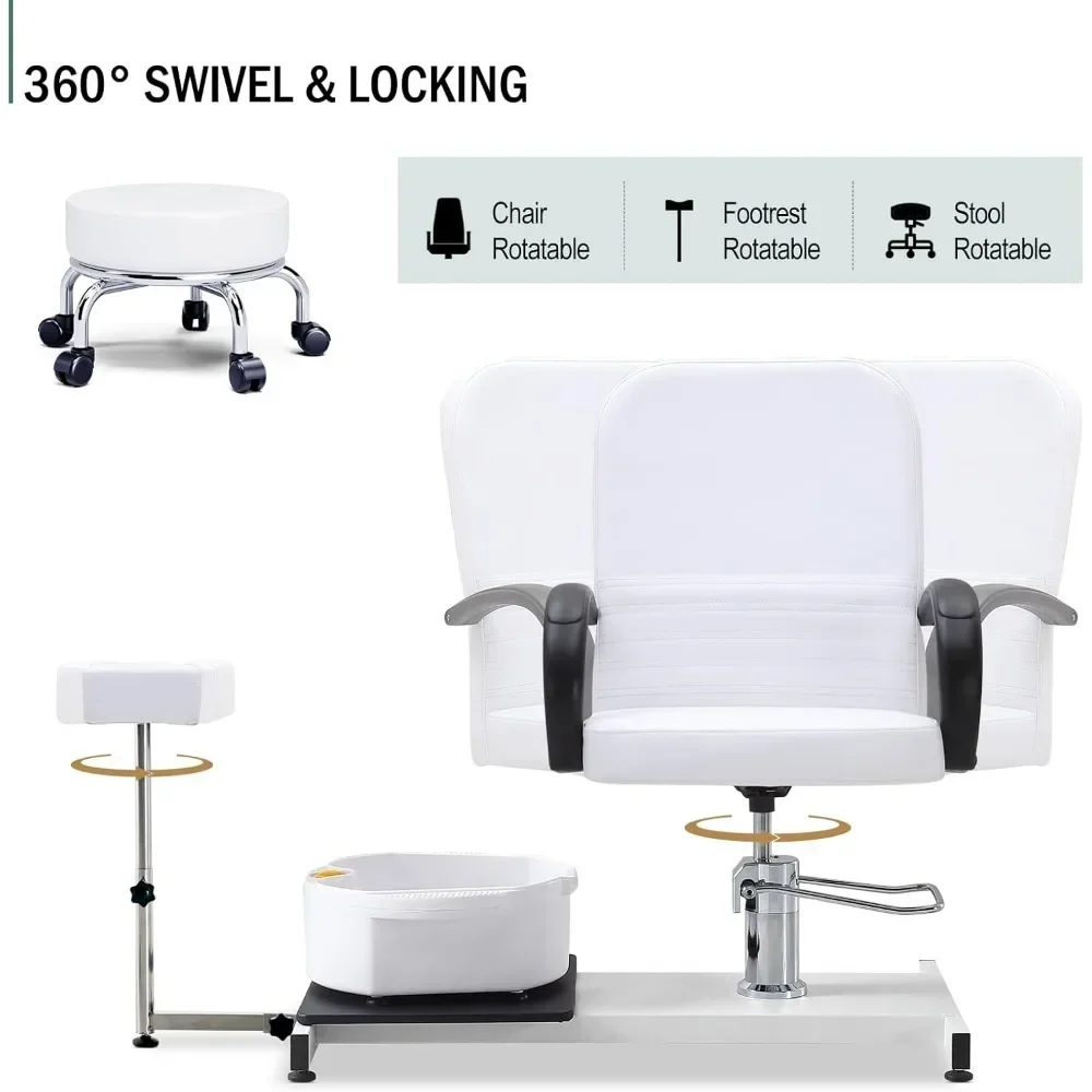 360° draaibare pedicurestoelen, hoog verstelbare pedicureenheid met kruk, voetsteun en voetbak, draagbare pedicurestoel voor nagels