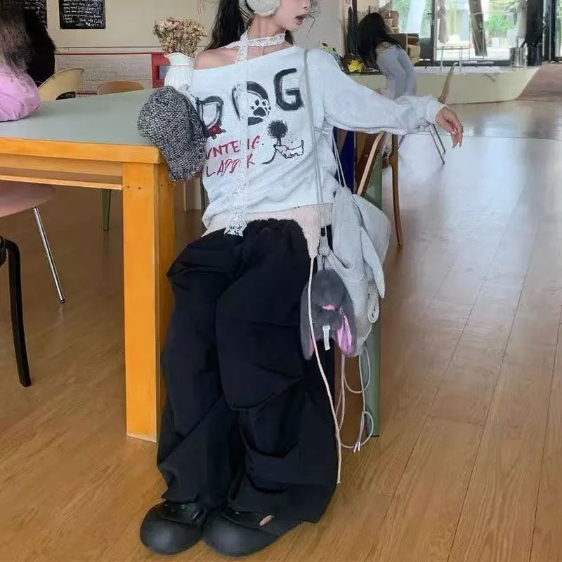 American Retro Printed Letter Hoodies Autumn Skew Collar Women's Clothing Fashion Off Shoulder Casual Asymmetrical Sweatshirts