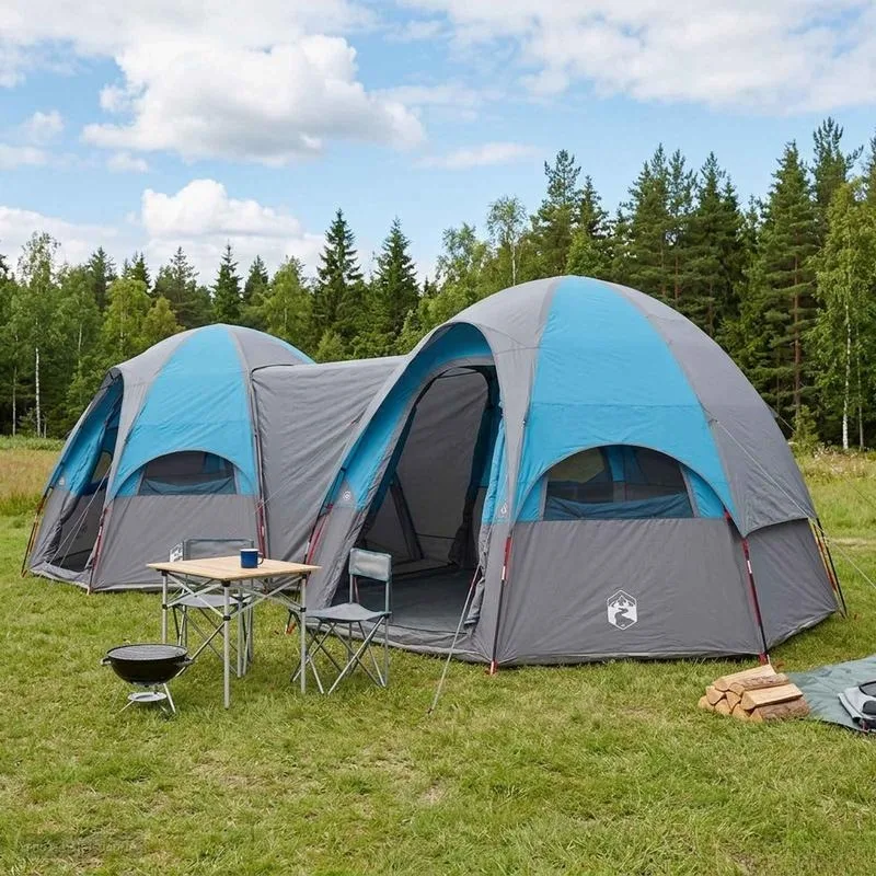 Tente familiale pour 14 personnes, bleue, avec auvent, robuste et stable, légère et pratique, durable et polyvalente, pour le camping, les voyages, les sorties en plein air, les sorties en famille, installation facile, gain de place et portable