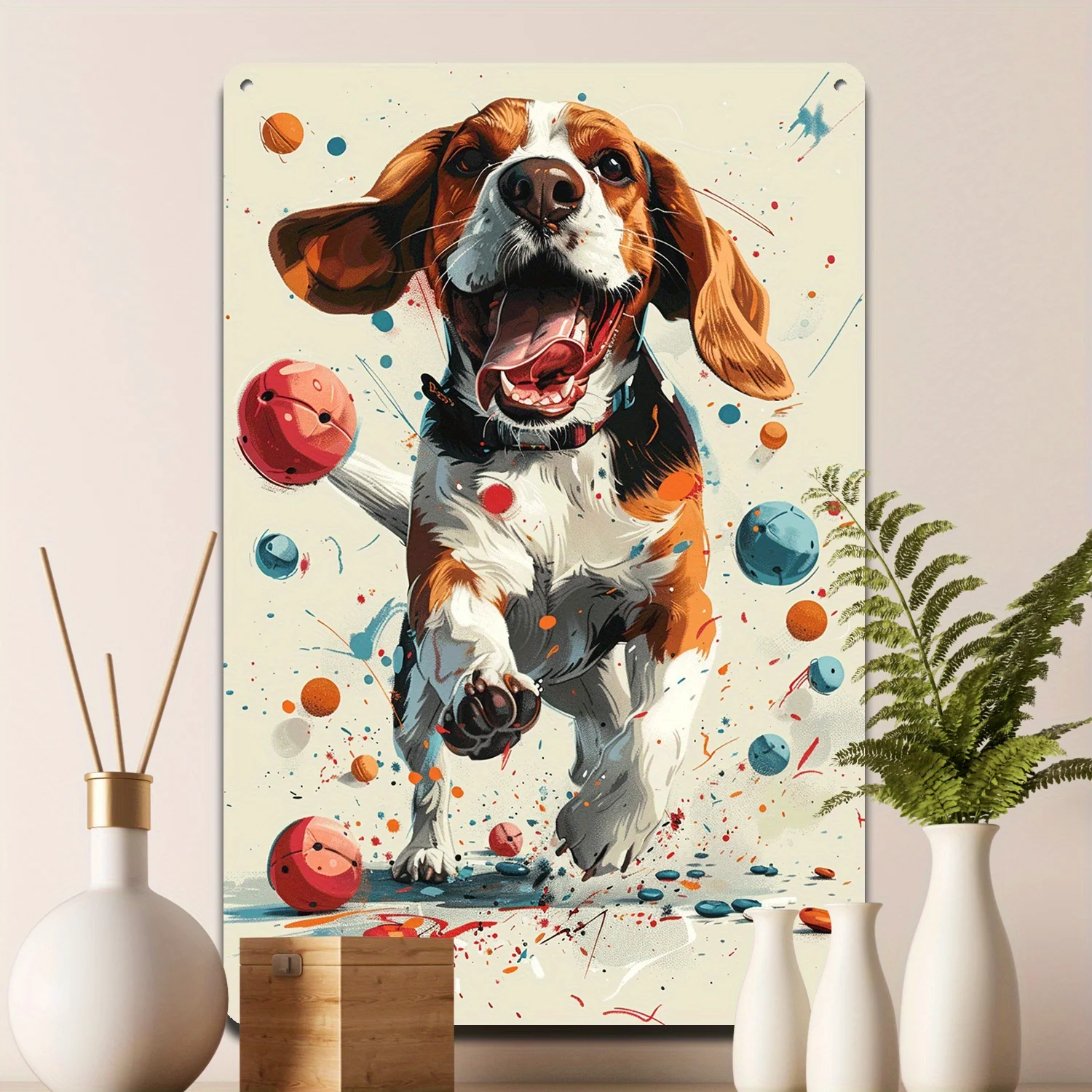 2D Flat - One 20.32X30.48 cm aluminum Sign Featuring a Playful Beagle with a Ball Design in Bright Orange And White